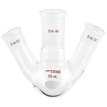 Titan/泰坦 斜三口球瓶，厚壁高强度，中间磨口：24/40，侧磨口：19/22，50ml 特优级，TF434950，个/，1个 TF434950