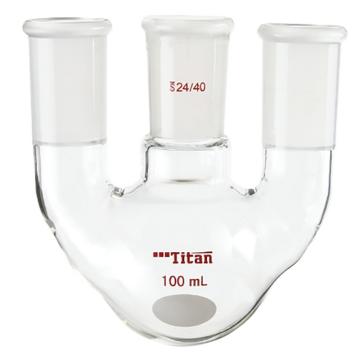 Titan/泰坦 直三口球瓶，厚壁高强度，中间磨口：24/40，侧磨口：24/40，100ml 特优级，TF444400，1个 TF444400