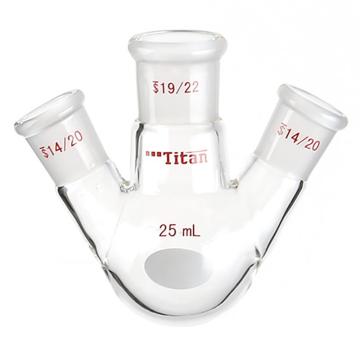 Titan/泰坦 斜三口球瓶，厚壁高强度，中间磨口：19/22，侧磨口：14/20，25ml 特优级，TF439125，个/，1个 TF439125