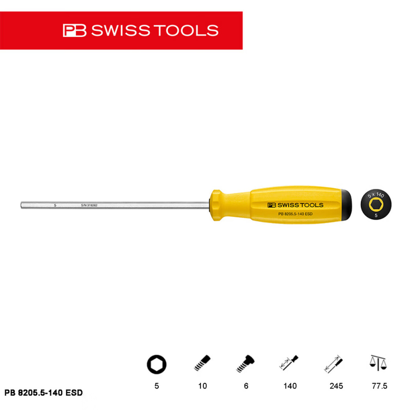 PB SWISS TOOLS/ 瑞铂 ESD双组份内六角螺丝刀 2.5×90 PB 8205.2,5-90 ESD