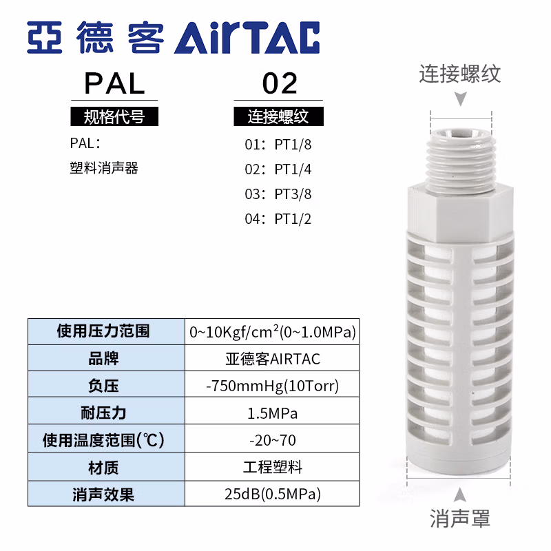 Airtac/亚德客 PAL系列塑料消声器 PAL04D