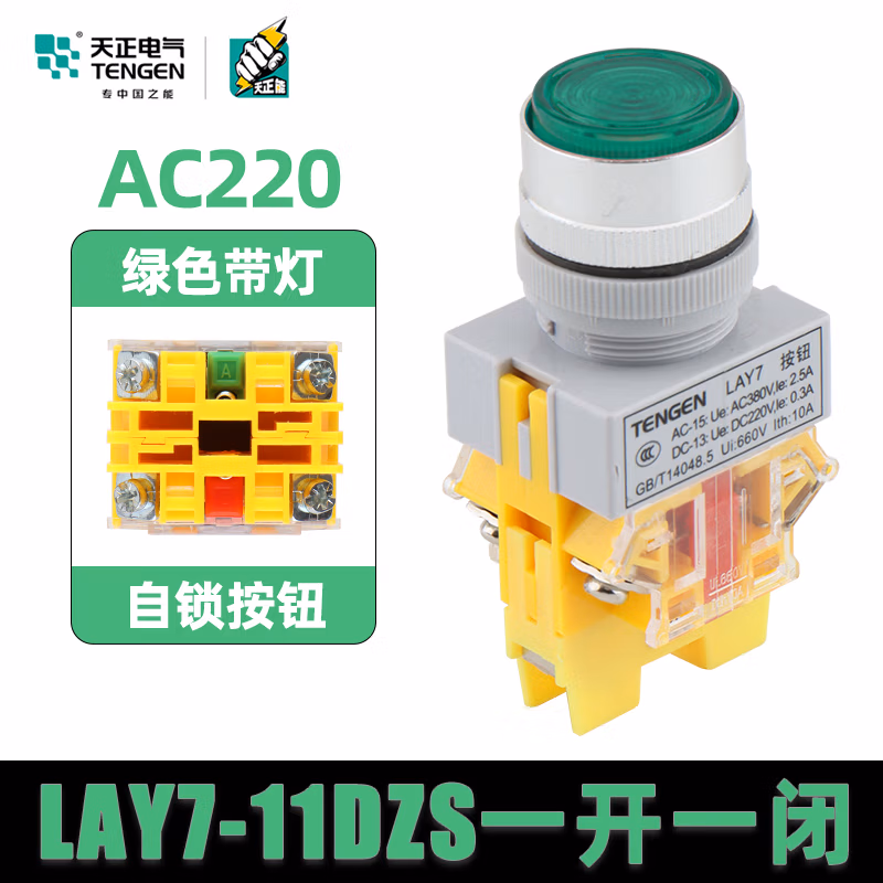TENGEN/天正 按钮 LAY7-11DZS 带灯自锁 绿 220V