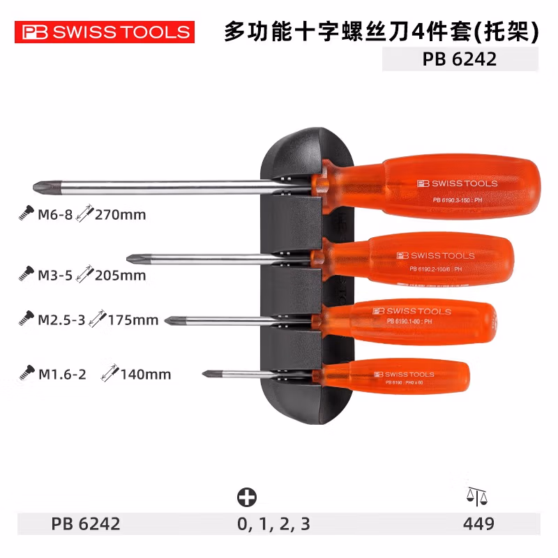 PB SWISS TOOLS/ 瑞铂 吸塑装多功能十字螺丝刀4件套(托架) PB 6242.CN