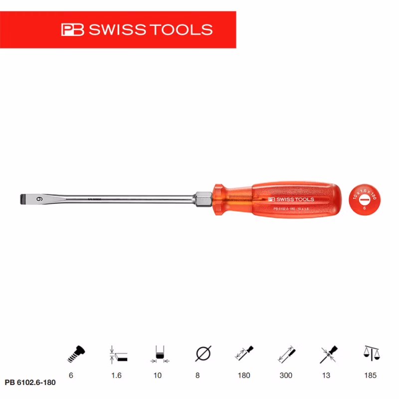 PB SWISS TOOLS/ 瑞铂 防滑强力一字防滑螺丝刀 10×180 PB 6102.6-180