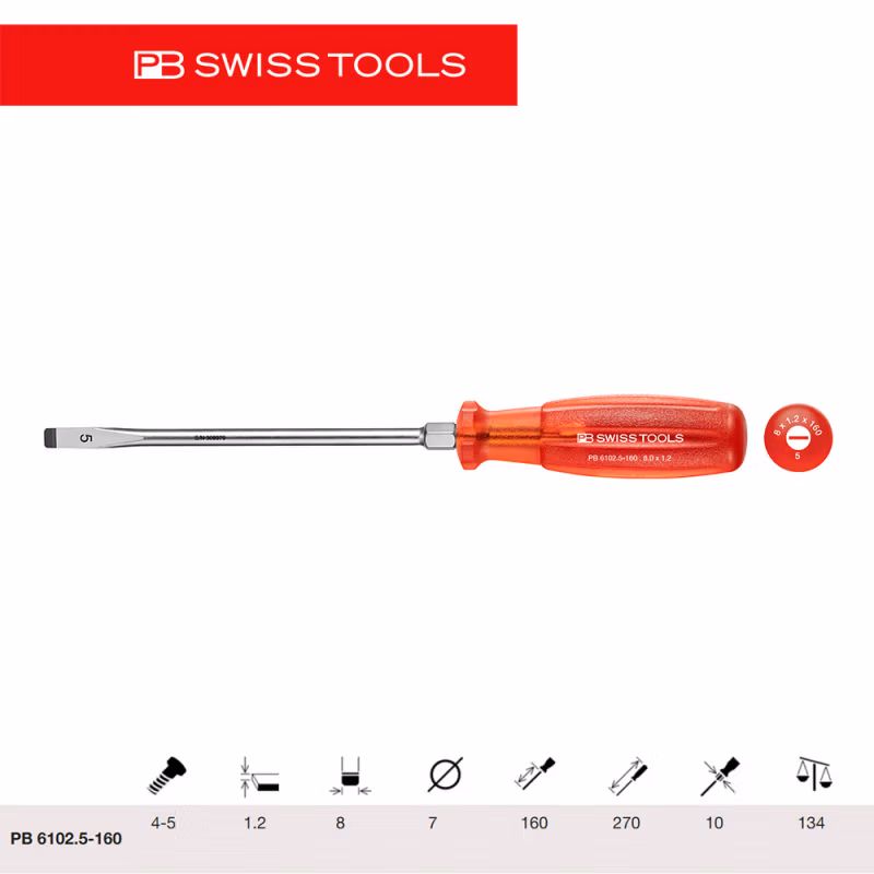 PB SWISS TOOLS/ 瑞铂 防滑强力一字防滑螺丝刀 8.0×160 PB 6102.5-160