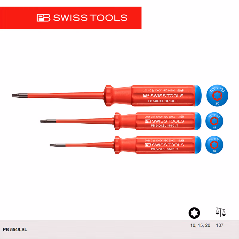 PB SWISS TOOLS/ 瑞铂 绝缘细杆梅花螺丝刀3件套 PB 5549.SL