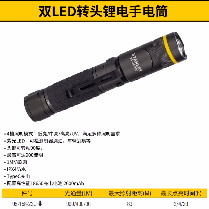 STANLEY/史丹利 双LED转头锂电手电筒 95-158-23U