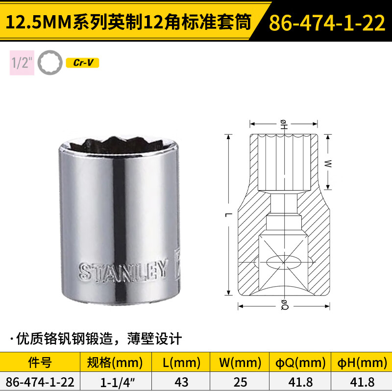 STANLEY/史丹利 12.5MM系列英制12角标准套筒1-1/4