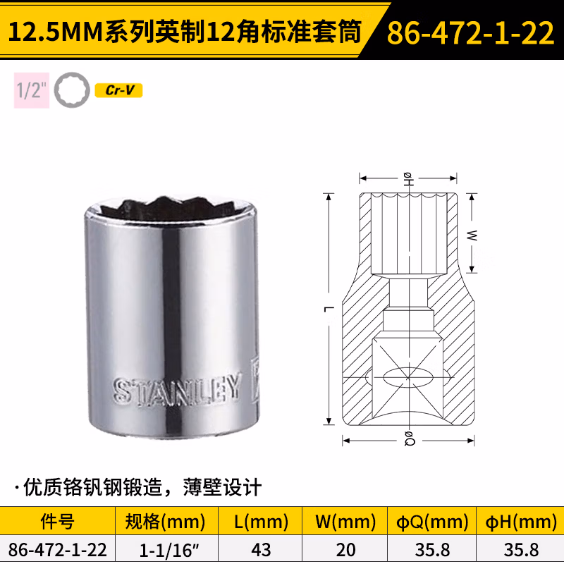 STANLEY/史丹利 12.5MM系列英制12角标准套筒1-1/16