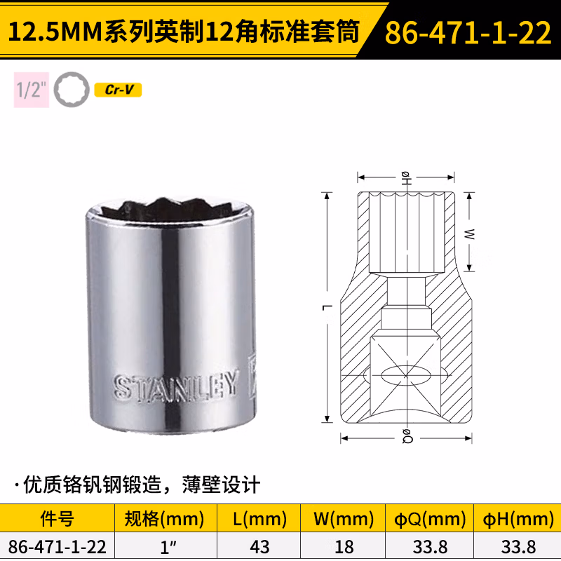 STANLEY/史丹利 12.5MM系列英制12角标准套筒1
