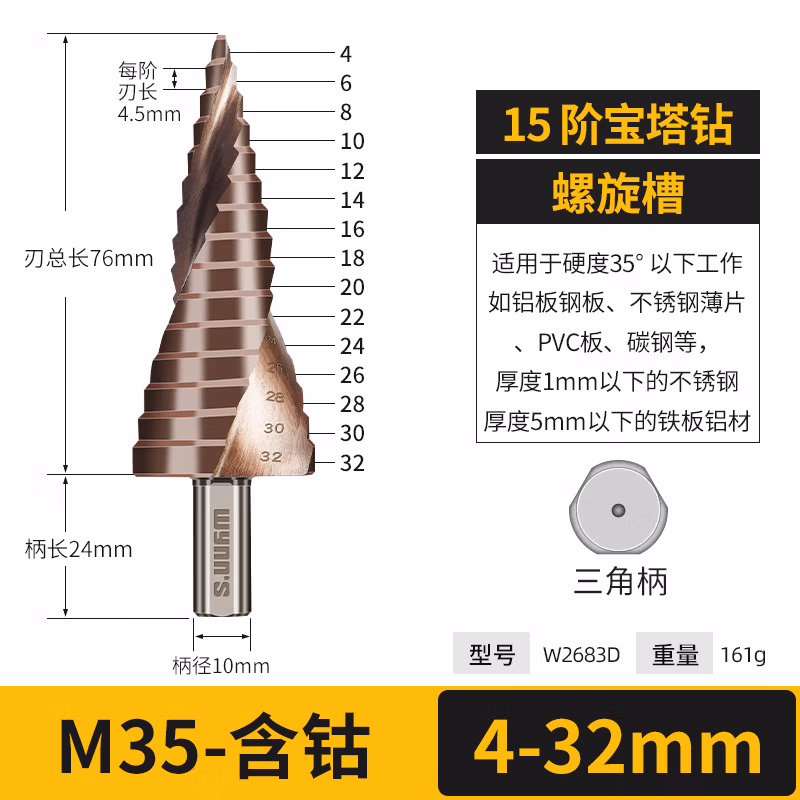 WYNNS/威力狮 螺旋宝塔钻 三角柄 M35 4-32 W2683D