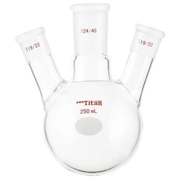 Titan/泰坦 斜三口球瓶，厚壁高强度，中间磨口：24/40，侧磨口：19/22，250ml 特优级，TF432250，1个 TF432250