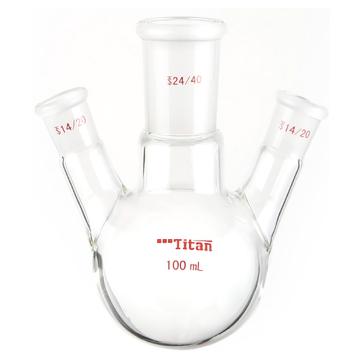Titan/泰坦 斜三口球瓶，厚壁高强度，中间磨口：24/40，侧磨口：14/20，100ml 特优级，TF434100，1个 TF434100