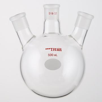 Titan/泰坦 斜三口球瓶，厚壁高强度，中间磨口：19/22，侧磨口：19/22，500ml 特优级，TF439500，1个 TF439500