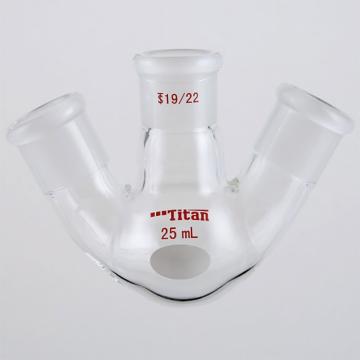 Titan/泰坦 斜三口球瓶，厚壁高强度，中间磨口：19/22，侧磨口：19/22，25ml 特优级，TF439925，个/，1个 TF439925
