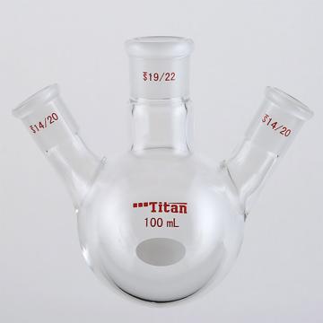 Titan/泰坦 斜三口球瓶，厚壁高强度，中间磨口：19/22，侧磨口：14/20，100ml 特优级，TF439100，1个 TF439100