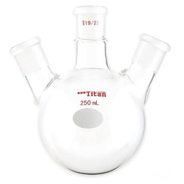 Titan/泰坦 斜三口球瓶，厚壁高强度，中间磨口：19/22，侧磨口：19/22，250ml 特优级，TF439250，1个 TF439250