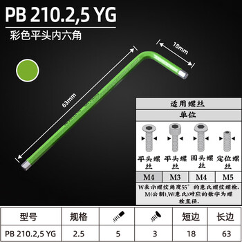 PB SWISS TOOLS/ 瑞铂 彩色平头内六角2.5 PB 210.2,5 YG