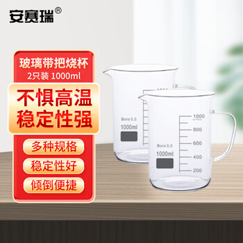 安赛瑞 玻璃带把烧杯(2只)1000ml(盒) 600061