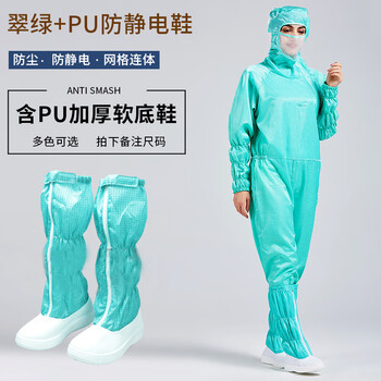谋福 防静电连体服百级无尘服洁净车间工作服 全身防护服网格净化服 翠绿+PU防静电鞋 6XL码 100055091911