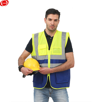 谋福 196反光背心马甲工地建筑安全服环卫反光衣多口袋反光工作马甲可定制（ 黄蓝拼色透气口袋款 均码） 100009340620