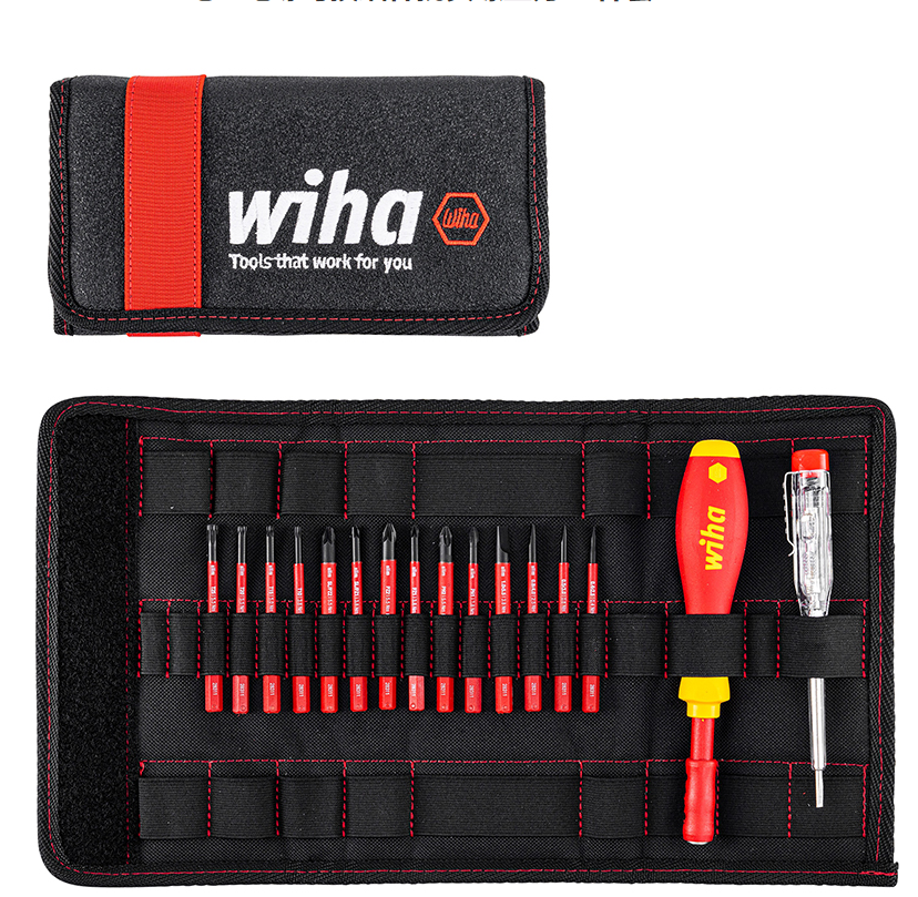 WIHA/威汉 SoftFinish slimVario电工绝缘可换细杆批头螺丝刀16件套 布包 36068