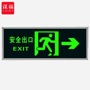 谋福 消防标识指示牌荧光安全出口紧急疏散逃生提示标志标识牌自发光PVC自粘贴（亮银色包边 右出口)9484 100007101487