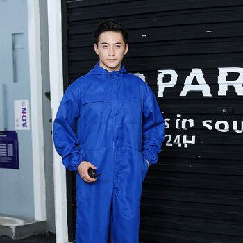 谋福 长袖连体工作服 男日常防水养殖场汽修服喷漆连帽防尘服套装 (深蓝色) M 100051948433