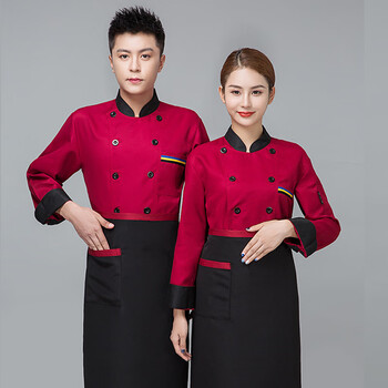 谋福 厨师服长袖秋冬装厨房服装 男女酒店厨师工作服 (三杠长袖红-单上衣) L 100041714194