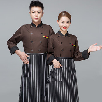 谋福 厨师服长袖秋冬装厨房服装 男女酒店厨师工作服 (三杠长袖咖-单上衣) 2XL 100041714236