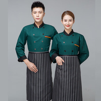 谋福 厨师服长袖秋冬装厨房服装 男女酒店厨师工作服 (三杠长袖绿-单上衣) L 100041714214