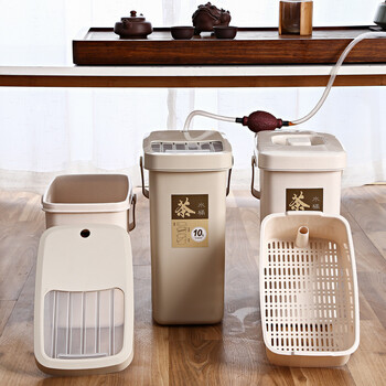 谋福 茶渣桶茶水桶 办公茶室手提垃圾桶 盖带过滤排水茶叶桶塑料(10升推盖米白色) 100032668715